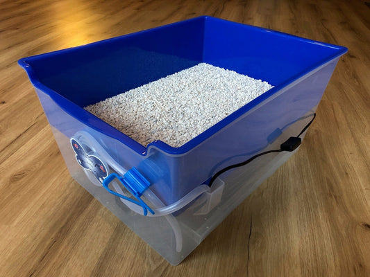 Eco-friendly Clean Stream Litter Box with fish tank gravel on wooden floor.