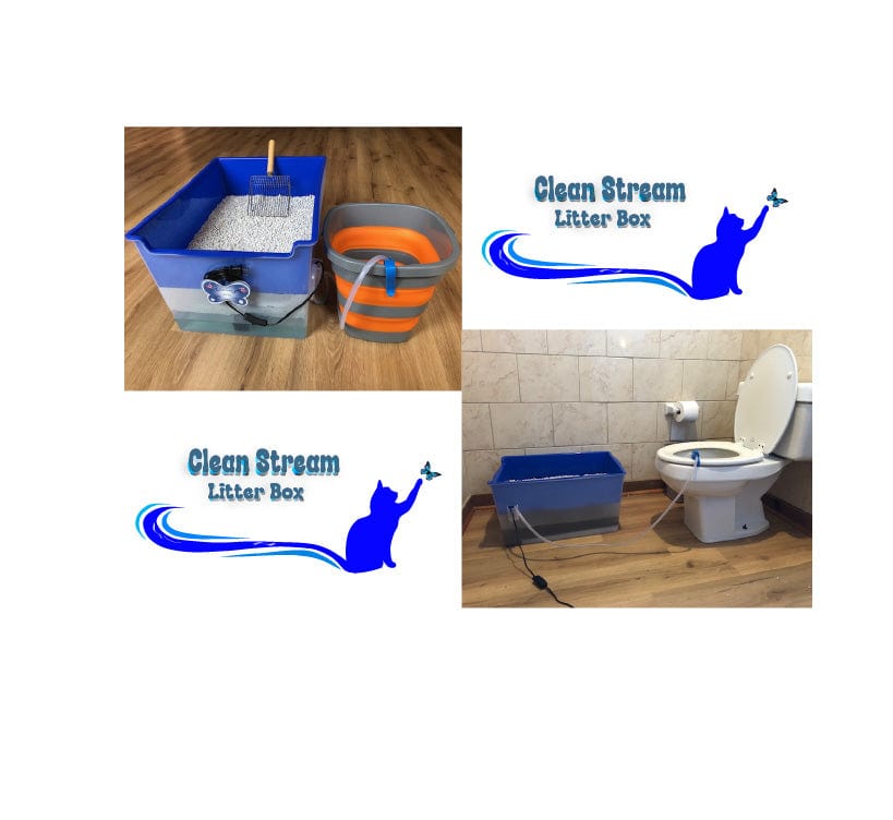 Eco-friendly Clean Stream Litter Box with fish tank gravel with bucket and bathroom setup.